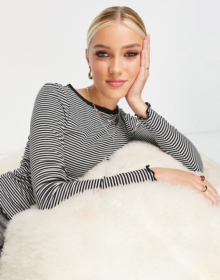 New Look Long Sleeve Ribbed T-shirt In Mono Stripe-white