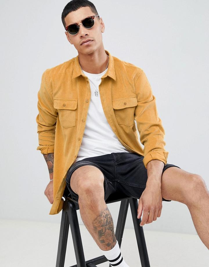 Boohooman Regular Fit Corduroy Shirt In Mustard - Yellow