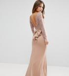 City Goddess Petite Fishtail Maxi Dress With Lace Sleeves And Bow Back - Pink
