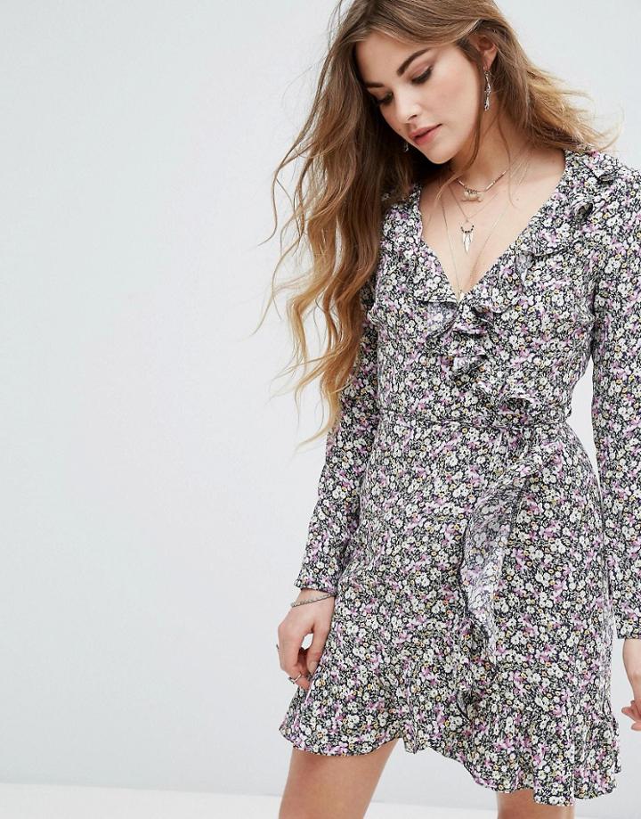 Nobody's Child Wrap Front Mini Dress In Grungey Floral - Multi
