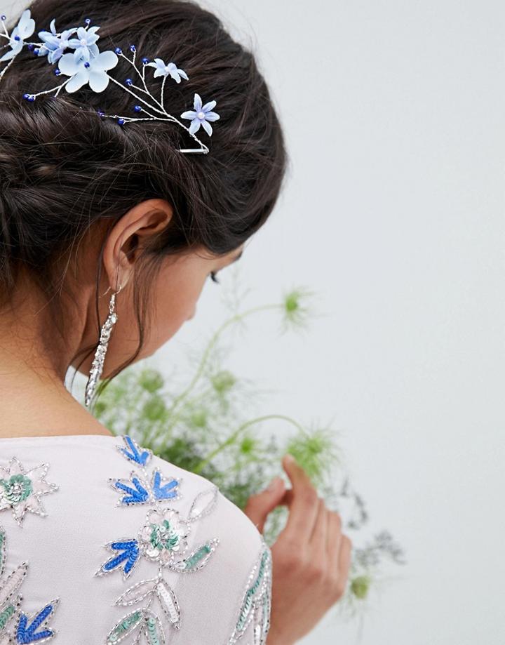 Asos Design Flower And Bead Wire Back Hair Clip - Silver