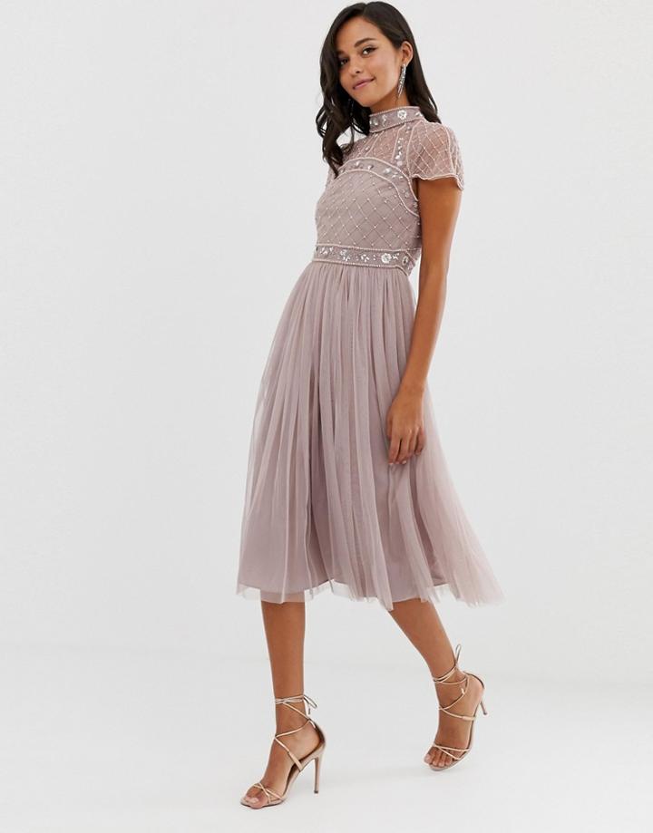 Asos Design Midi Dress With Embellished Crop Top And Tulle Skirt-multi