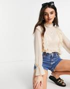 Vila Recycled High Neck Blouse With Frill Details And Balloon Sleeve In Cream-neutral