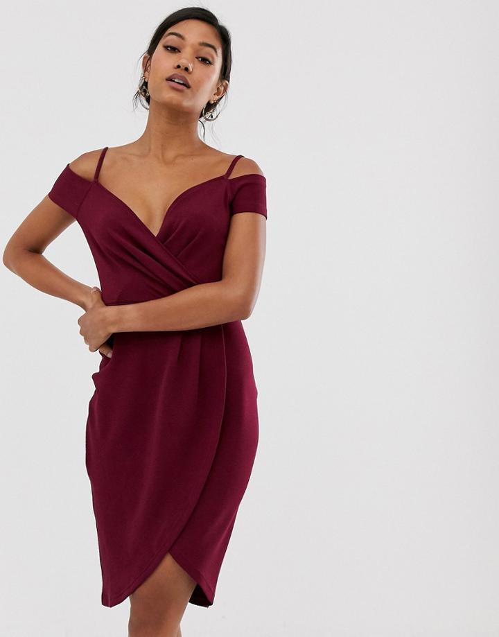 Ax Paris Burgundy Cold Shoulder Wrap Midi Dress-red