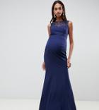 Little Mistress Maternity Embellished Neck Pleated Maxi Dress In Navy - Navy