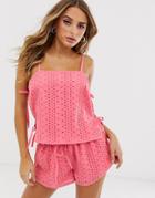 Asos Design Broderie Cami Side Tie Pyjama Short Set-pink