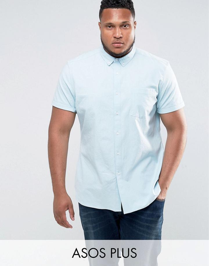 Asos Plus Casual Slim Oxford Shirt With Stretch In Pale Blue - Blue