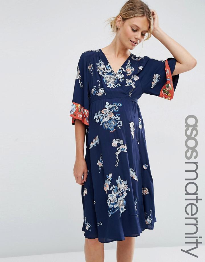 Asos Maternity Kimono Wrap Midi Dress With Floral Embroidery - Multi