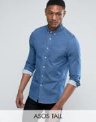 Asos Tall Stretch Slim Denim Shirt In Mid Wash - Blue