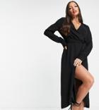 Asos Design Tall Collared Wrap Midi Dress With Tie Belt In Black