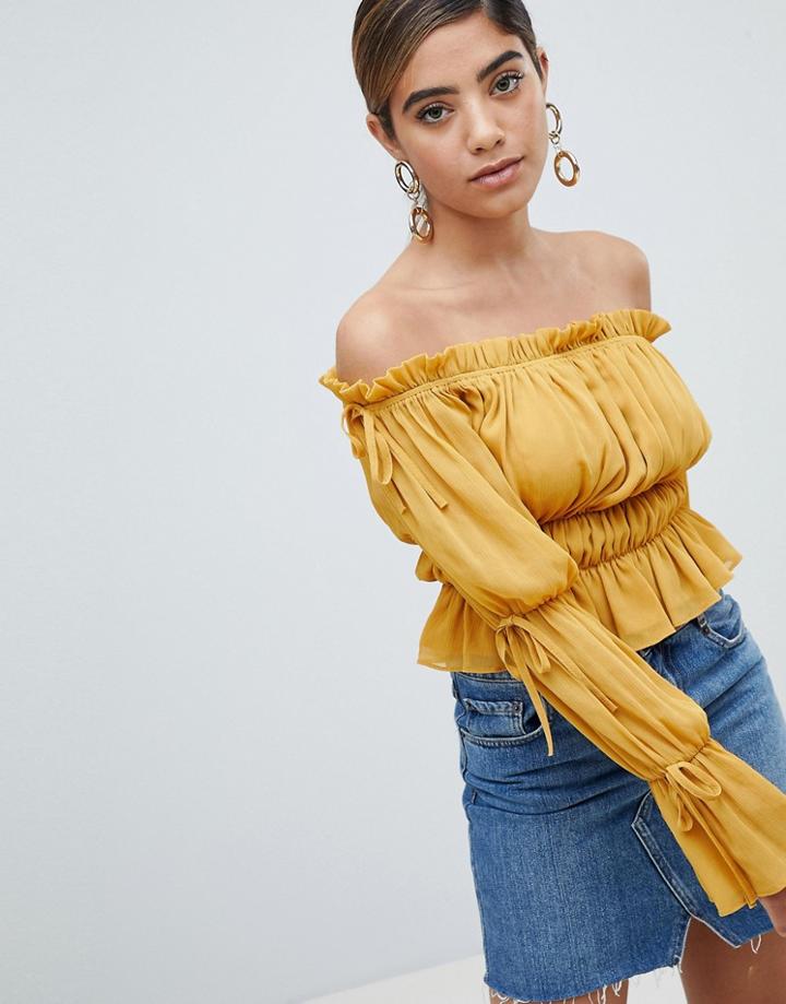 Missguided Shirred Bardot Top - Yellow
