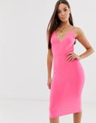 Club L London Open Back Midi Dress With Ruched Back Detail In Neon Pink - Pink