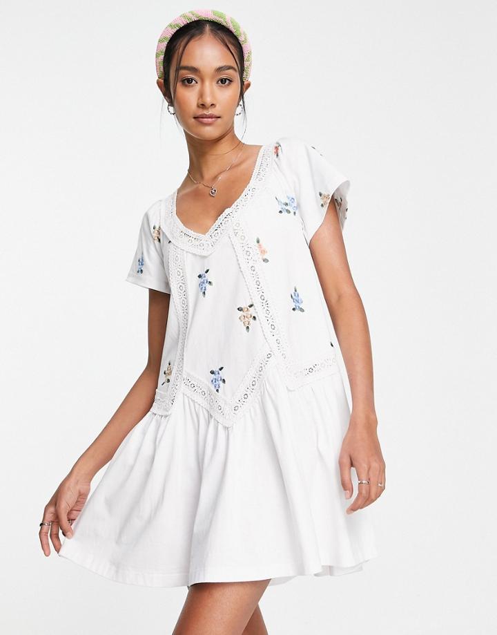 Asos Design Short Sleeve Smock Dress With Lace Inserts And Floral Embroidery In White