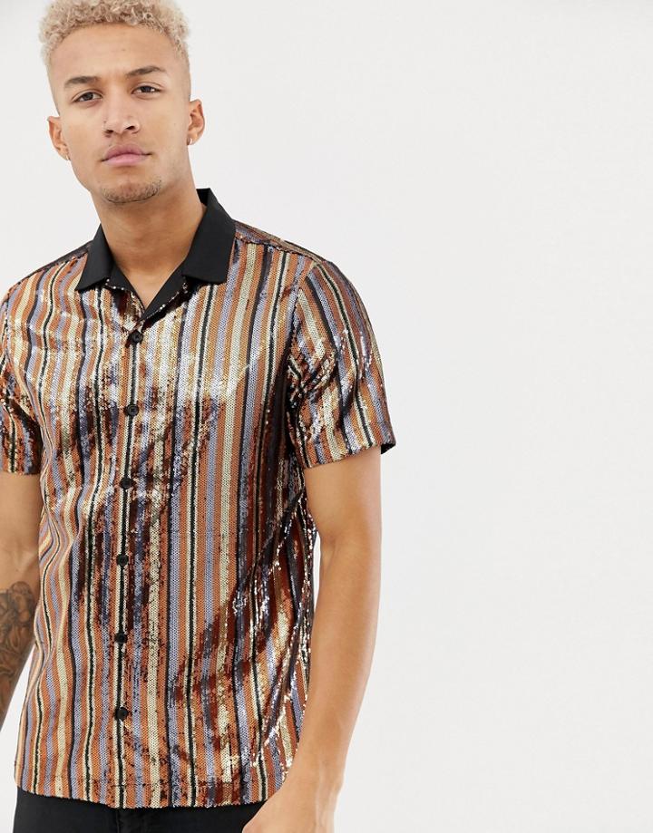 Asos Design Regular Fit Sequin Vertical Stripe Shirt In Bronze - Brown