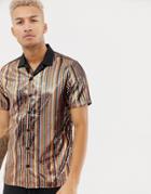 Asos Design Regular Fit Sequin Vertical Stripe Shirt In Bronze - Brown