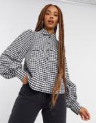 Monki Vallon Blouse With Volume Sleeves In Gingham-black