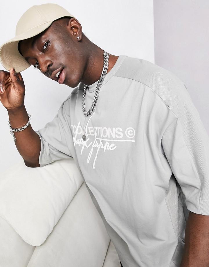 Asos Dark Future Oversized T-shirt In Gray With Printed Logo And Rib Panels-grey