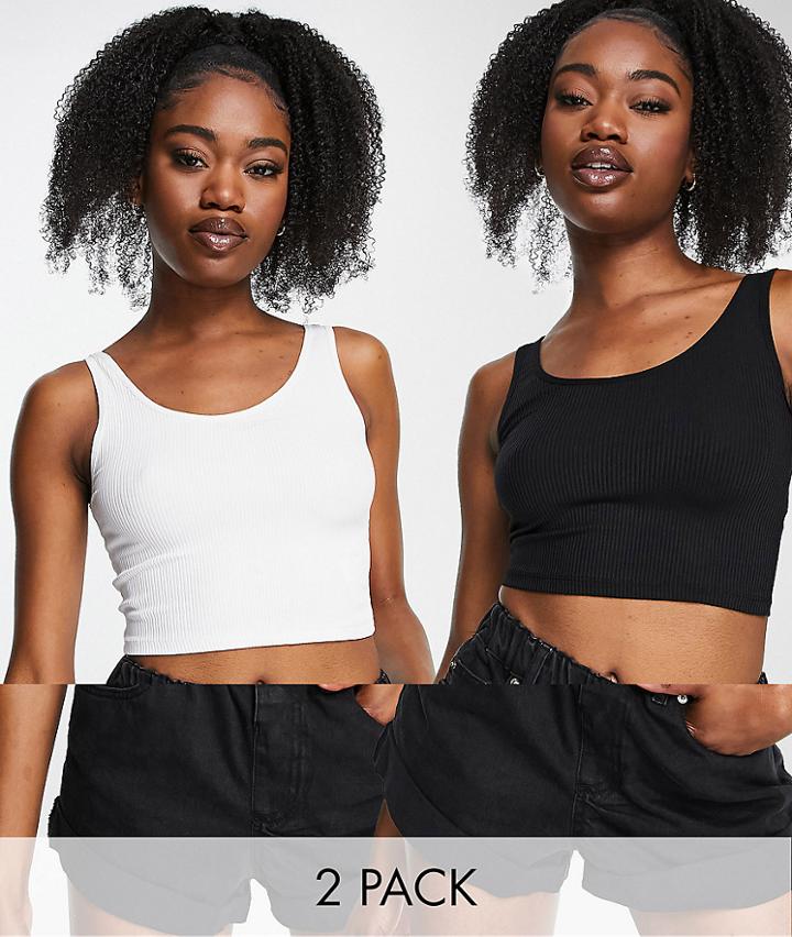 Stradivarius Ribbed Tank Top 2 Pack In Black & White