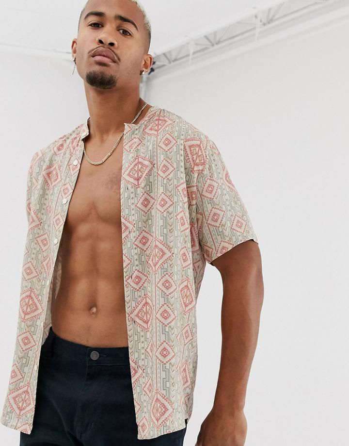 Asos Design Relaxed Fit Geo-tribal Print Shirt With Grandad Collar-pink