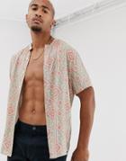 Asos Design Relaxed Fit Geo-tribal Print Shirt With Grandad Collar-pink