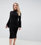 Asos Design Petite Midi Bodycon Dress With Flared Sleeves - Black