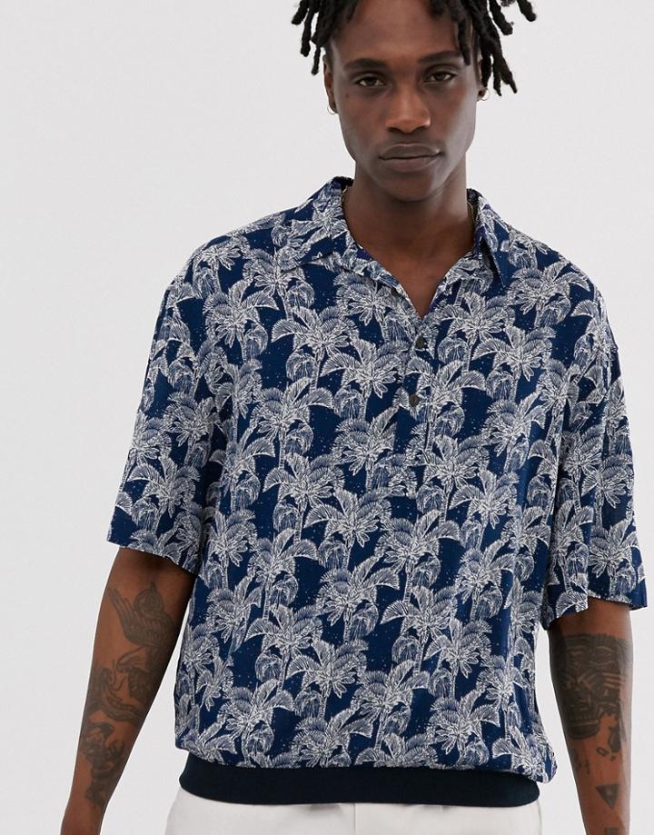 Asos Design Relaxed Overhead Shirt In Palm Print With Ribbed Hem Detail - Blue