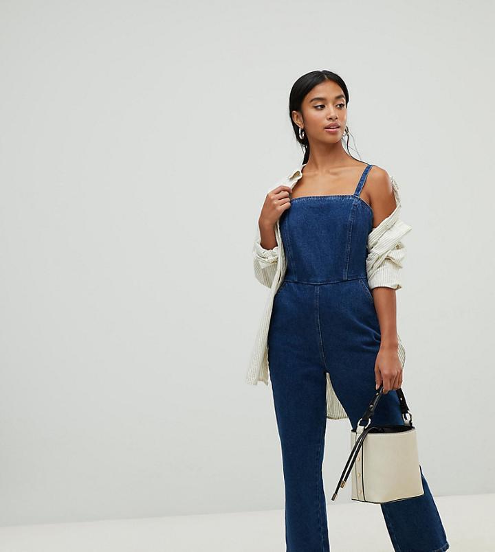 Asos Design Petite Denim Jumpsuit With Strappy Back In Midwash Blue - Blue