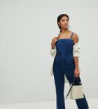 Asos Design Petite Denim Jumpsuit With Strappy Back In Midwash Blue - Blue