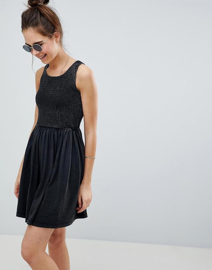 Asos Design Shirred Bodice Sundress In Oil Wash - Gray