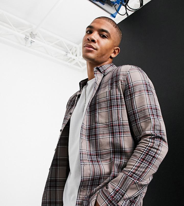 Asos Design Stretch Slim Plaid Shirt In Stone And Black-neutral