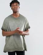 Asos Extreme Oversized T-shirt With Roll Sleeve And Pigment Dye In Khaki - Green