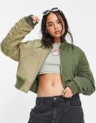 Topshop Cropped Half And Half Contrast Bomber Jacket In Khaki-green
