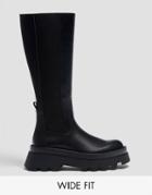Pull & Bear Wide Fit Knee High Chunky Flat Boots In Black