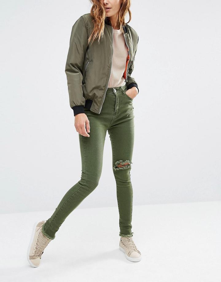 Liquor & Poker High Rise Ankle Skinny Jeans With Ripped Knee - Khaki