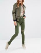 Liquor & Poker High Rise Ankle Skinny Jeans With Ripped Knee - Khaki