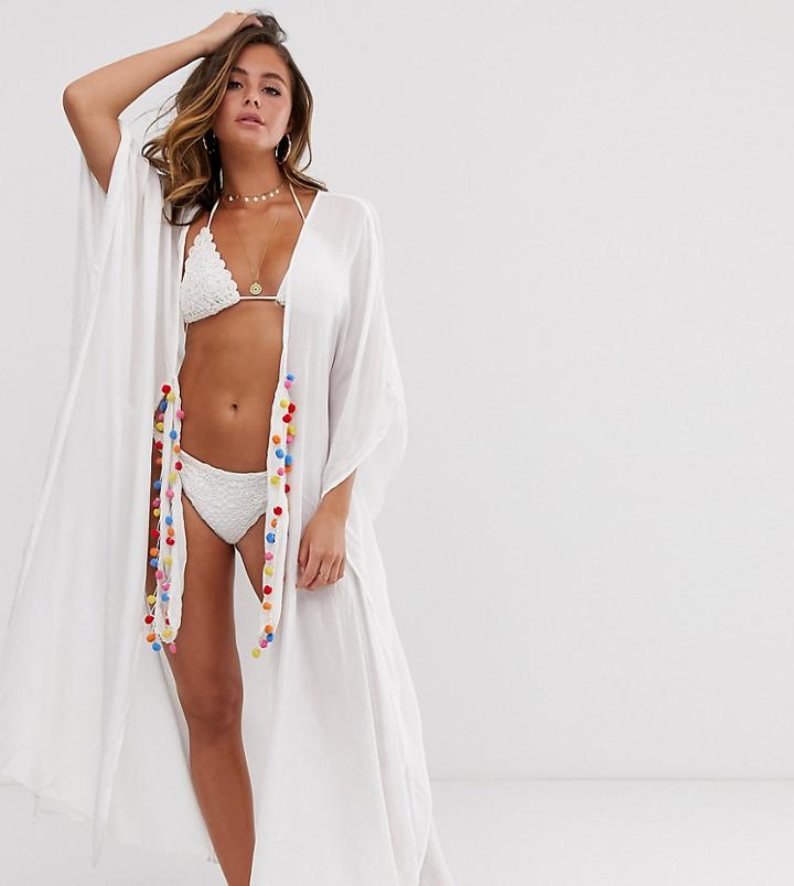 Anmol Maxi Beach Caftan With Pom Pom Trim - White