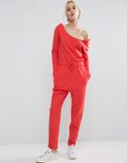 Asos Jumpsuit With Off Shoulder In Sweat - Red