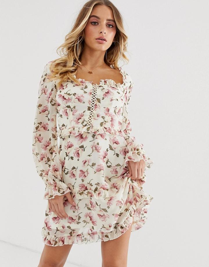 Missguided Milkmaid Dress With Lace Up Detail In Floral Print - Multi