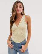 Asos Design Pleat Detail Knitted Top With V Neck - Stone