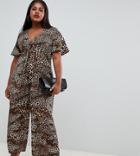 Fashion Union Plus Wide Leg Jumpsuit In Leopard - Multi