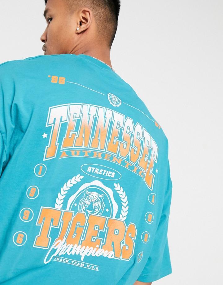 Asos Design Oversized T-shirt With Back Tiger & Text Print In Blue-green