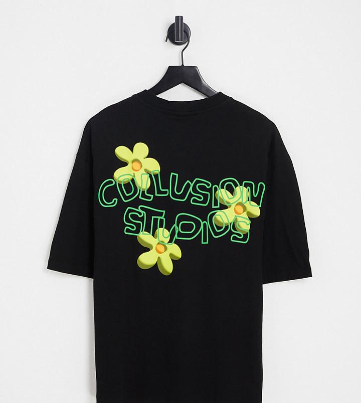 Collusion Oversized T-shirt With Flower Print In Black