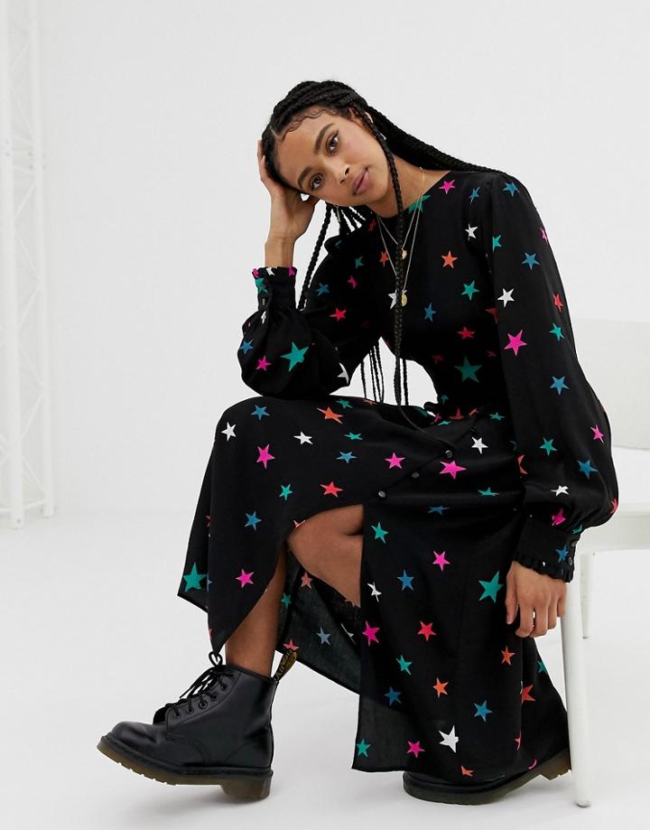 Nobody's Child Maxi Smock Tea Dress In Star Print - Black
