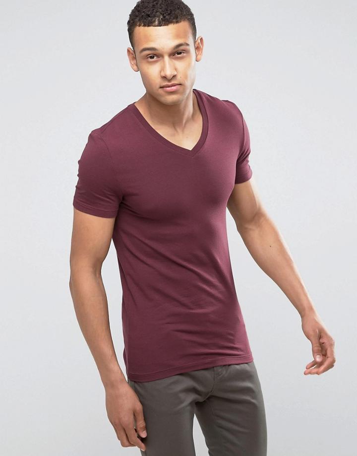 Asos Extreme Muscle Fit T-shirt With V Neck And Stretch In Red - Red