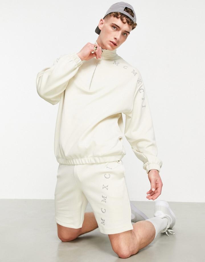 Asos Design Oversized Half Zip Scuba Sweatshirt With Roman Numerals Embroidery - Part Of A Set-neutral