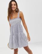 Asos Design Shirred Trapeze Mini Cotton Sundress In Stripe - Multi