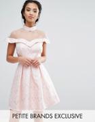 Chi Chi London Petite Mesh High Neck Off Shoulder Mini Prom Dress In Paisley Jacquard - Pink