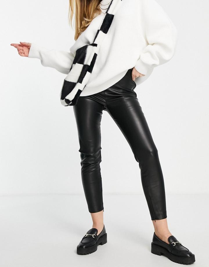 Mango Faux Leather Pants With Side Slit In Black
