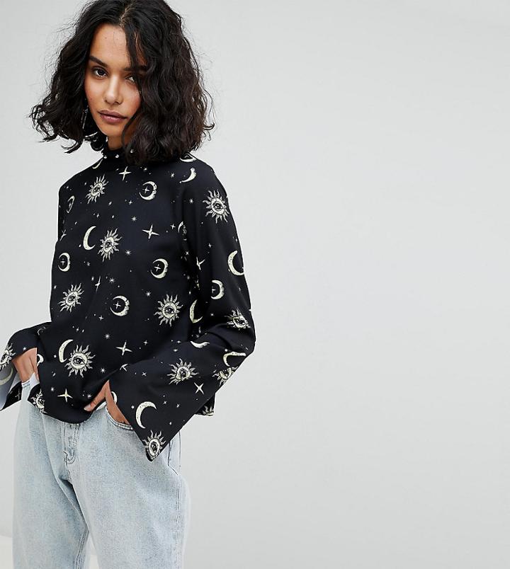 Reclaimed Vintage High Neck Top With Moon & Star Print - Black