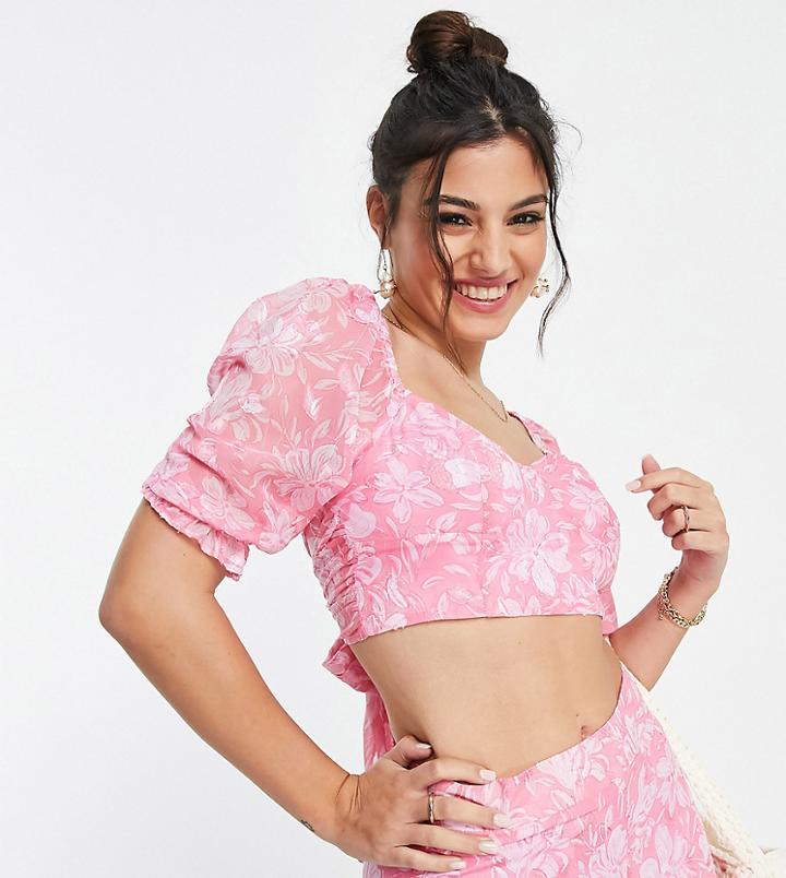 Miss Selfridge Petite Bust Detail Jacquard Tie Back Top In Pink